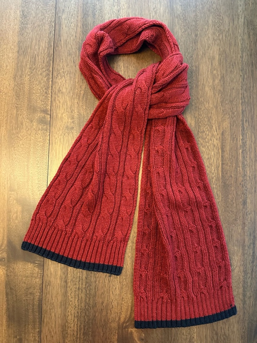 Hart Schaffner Marx Red Cable Knit Scarf with Navy Trim